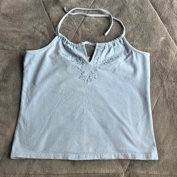 Y2K Arizona Jeans Company baby blue halter crop top floral embroidery size large - Picture 1 of 6